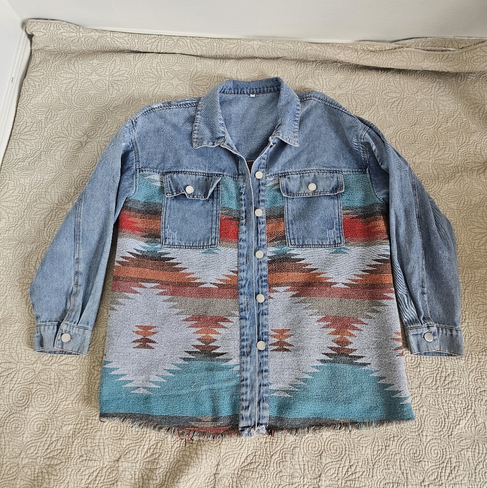 Boho Western Aztec Denim Jean Jacket Ladies Medium Country Chic